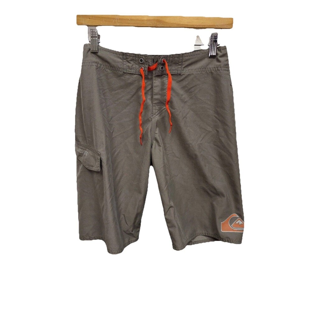 Quiksilver BoardShorts Men Gray Cargo Spellout Logo Drawstring 27X10” Pocket Tie